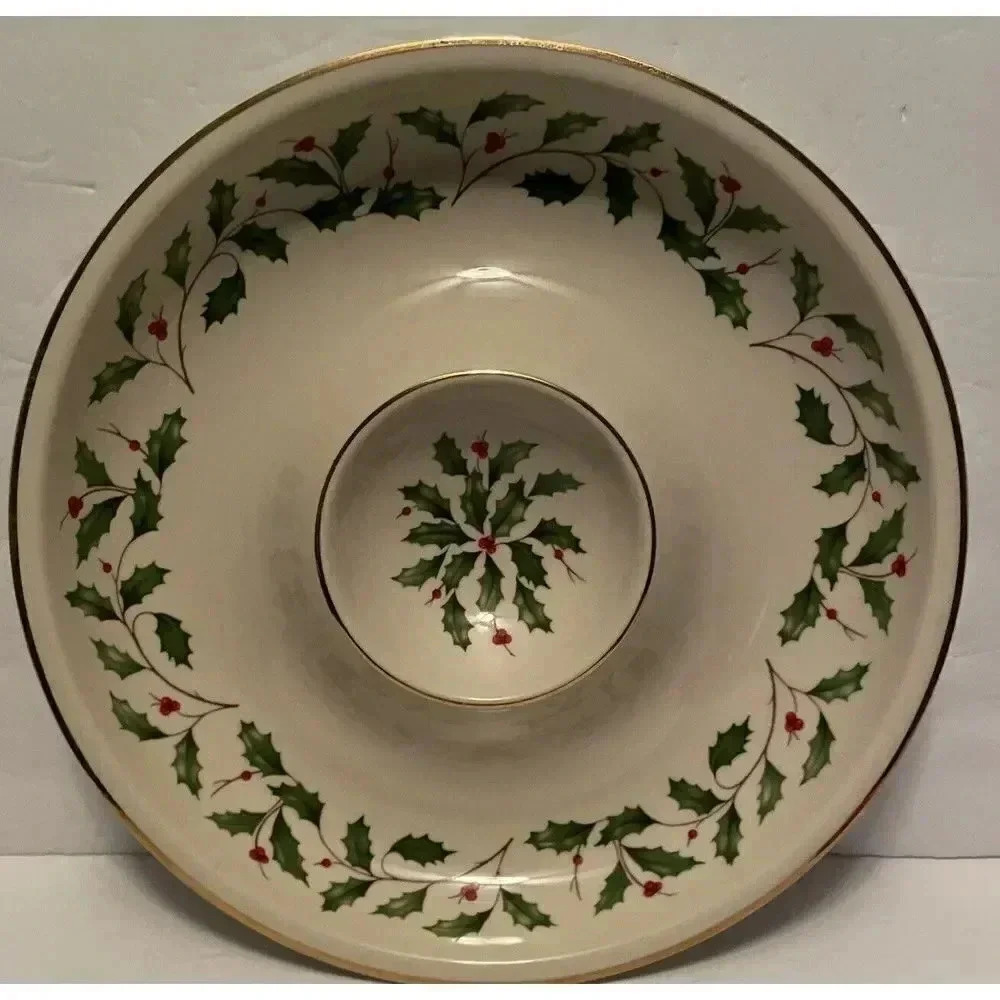 Lenox Dimension Holiday Collection Chip & Dip Plate Holly Berry 12" Gold Rim